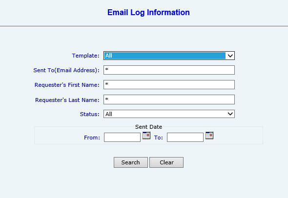 Form for Email Log Information with fields for template, email, and dates.